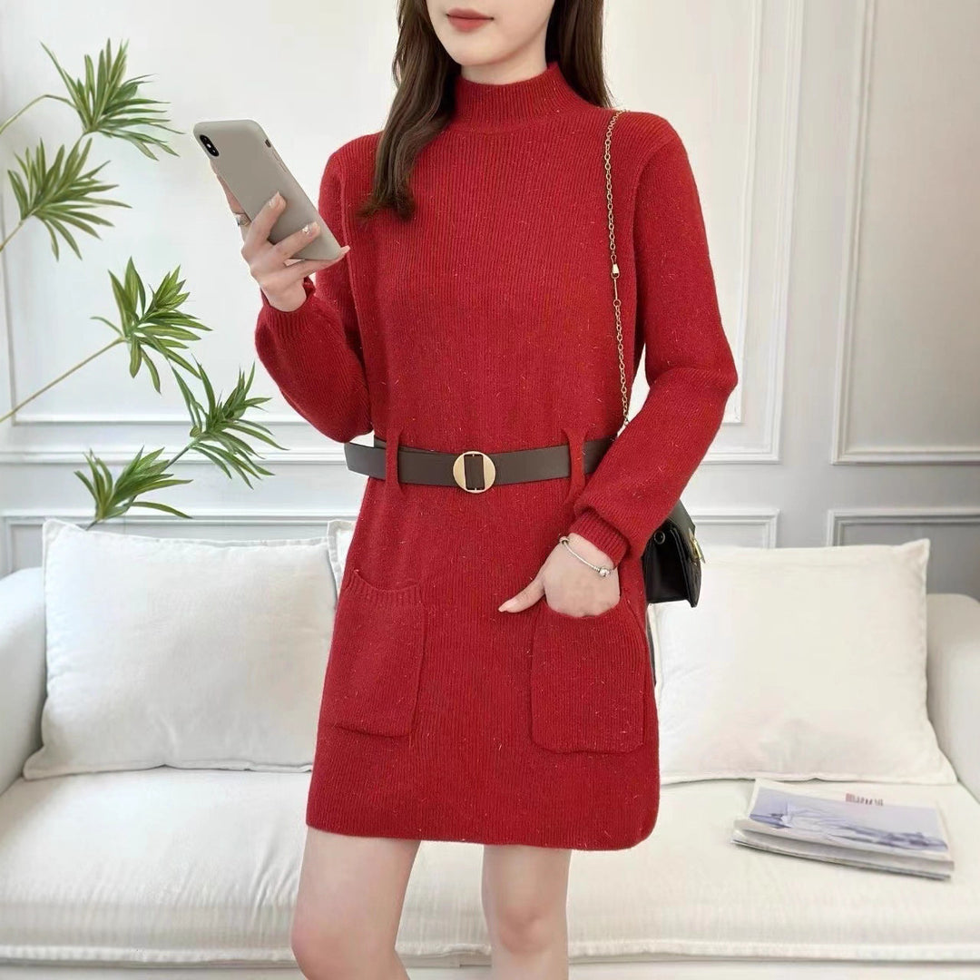 Knit dress for women with a high collar and practical pockets Lune London