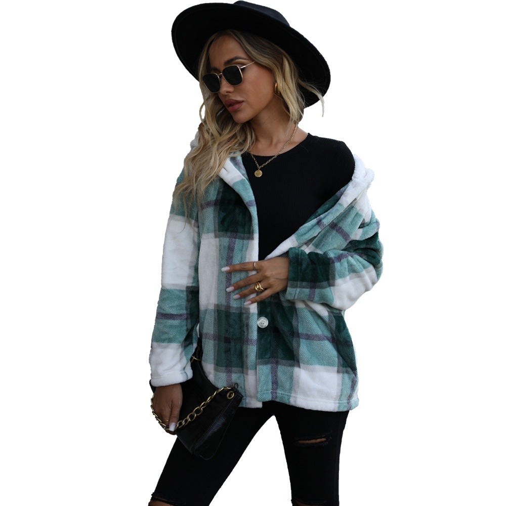 Women's Soft Fleece Hoodie with Chic Plaid Design and Style