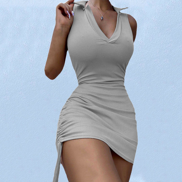 Fitted mini dress for women with a deep V neckline and gathers Lune London