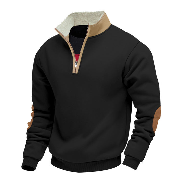 Trendy fleece pullover for men with half-zip and contrasting elbow patches Lune London