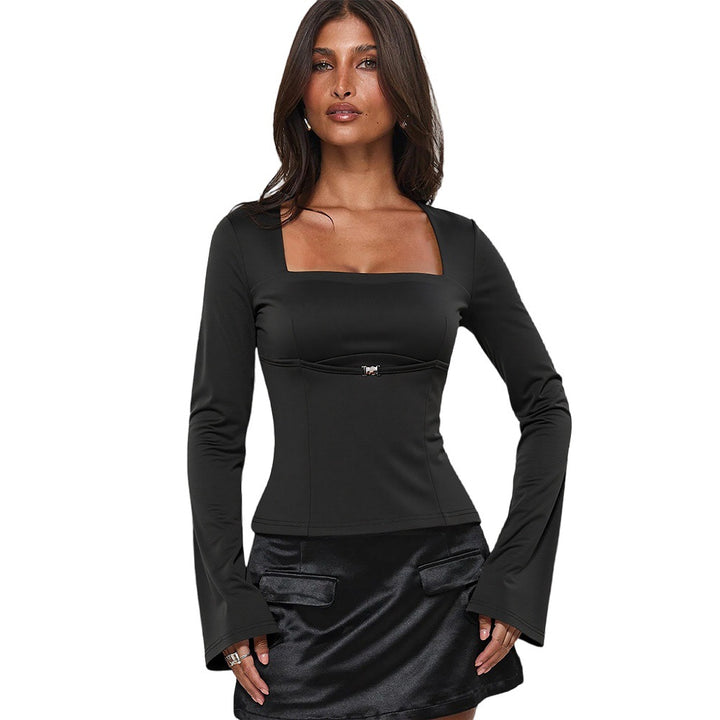 T-shirt à manches longues pour femmes avec décolleté rectangulaire et élégants détails de volants Chic & Stil