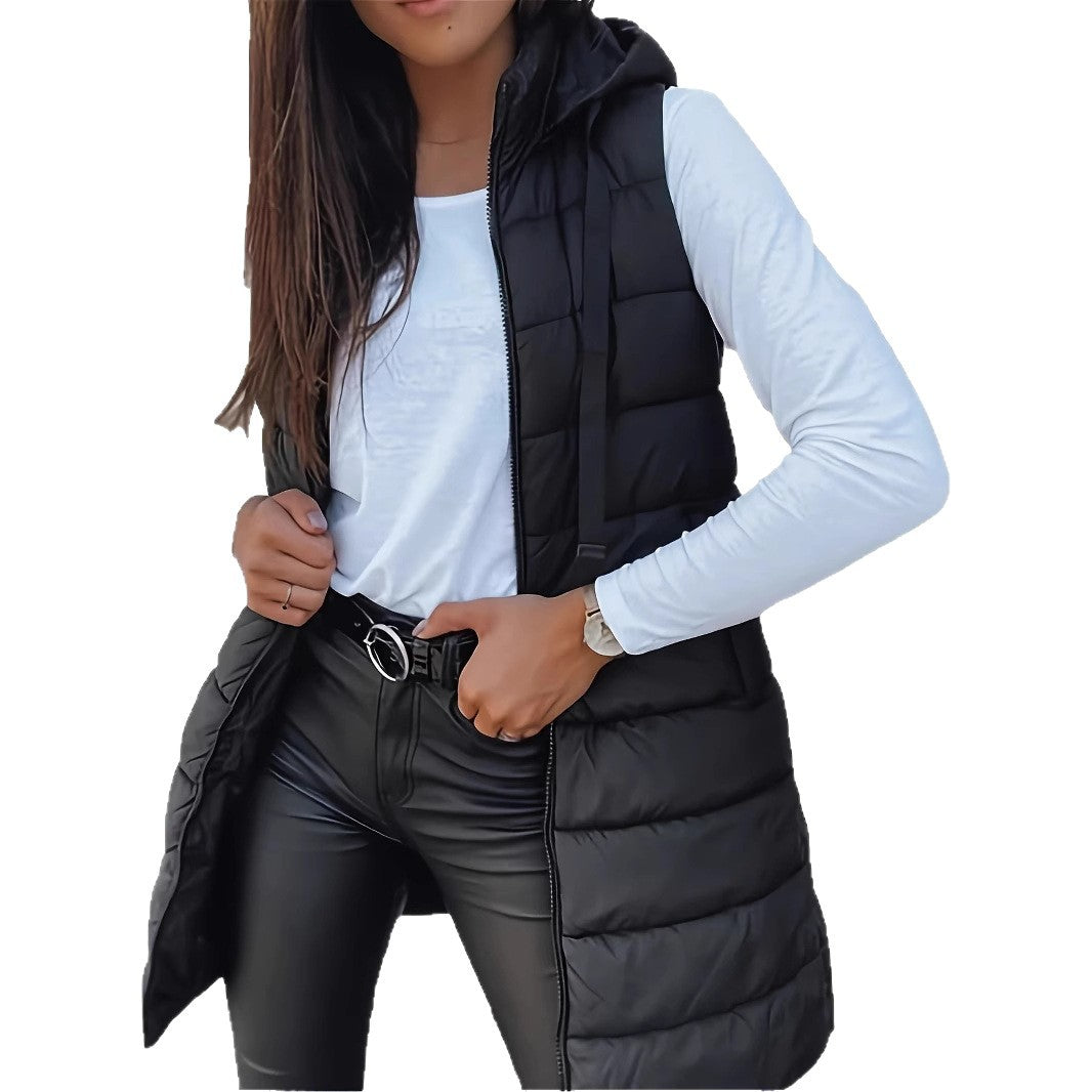 Ladies stylish quilted vest with hood and long cut Lune London