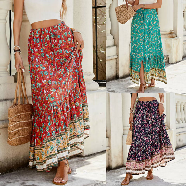 Maxi skirt for women with floral print and adjustable waistband Lune London