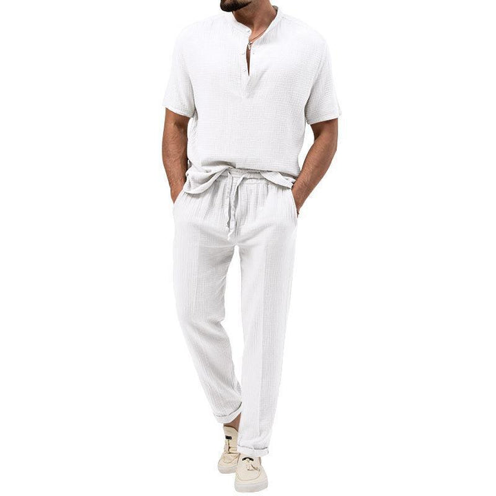Men's short sleeve shirt fashion with Henley collar and casual jogger pants Lune London