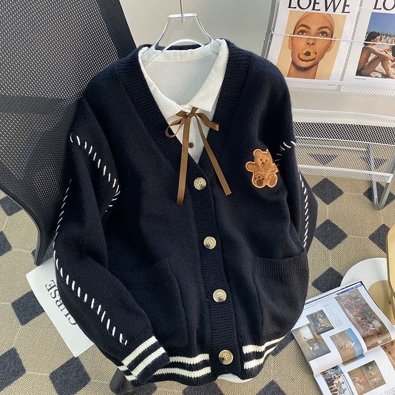 Women's knitted jacket with a unique bear application and modern details Lune London