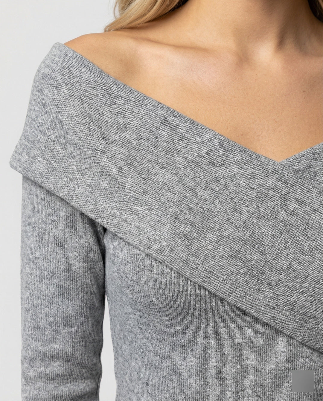French V-neck long sleeve shirt women slim fit stretch top