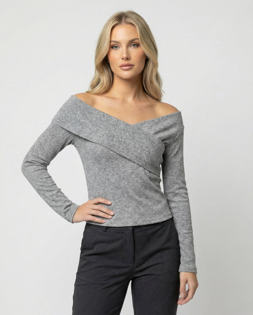 French V-neck long sleeve shirt women slim fit stretch top