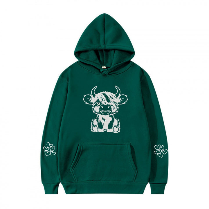 Women's hooded sweatshirt with charming cow motif and practical kangaroo pockets Lune London