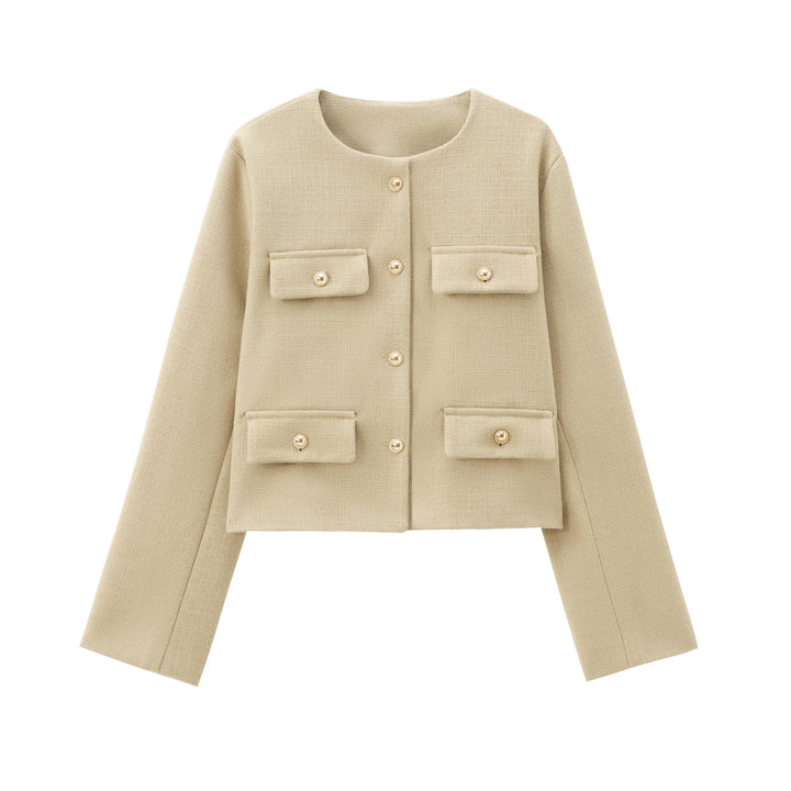 Transitional jacket for ladies with classic button details and practical flap pockets Lune London