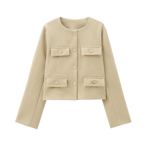 Transitional jacket for ladies with classic button details and practical flap pockets Lune London