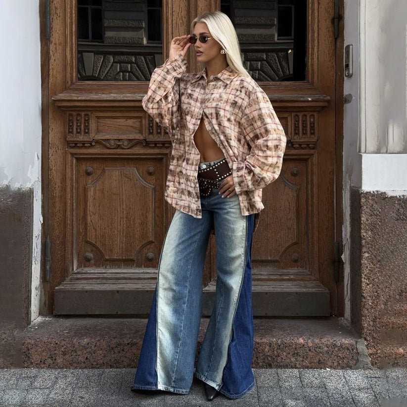 Oversized shirt for women with a casual check pattern and split sleeves Lune London