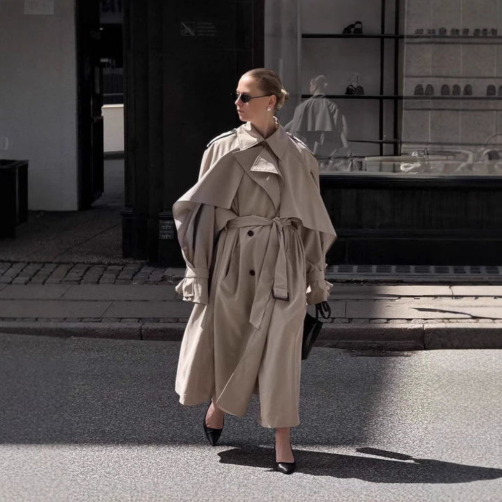 Oversized trench coat for women with richly detailed drapery and trendy cut Lune London