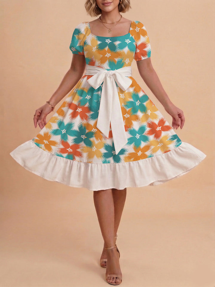 Women's floral dress with adjustable belt and voluminous sleeves Lune London