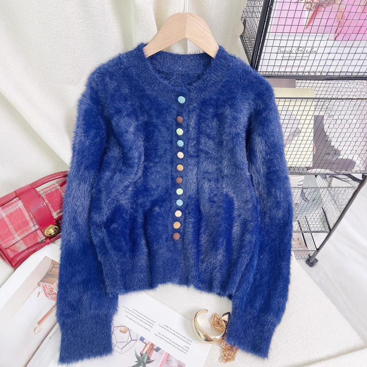 Cardigan féminin en peluche avec des boutons colorés et un design ample Chic & Stil