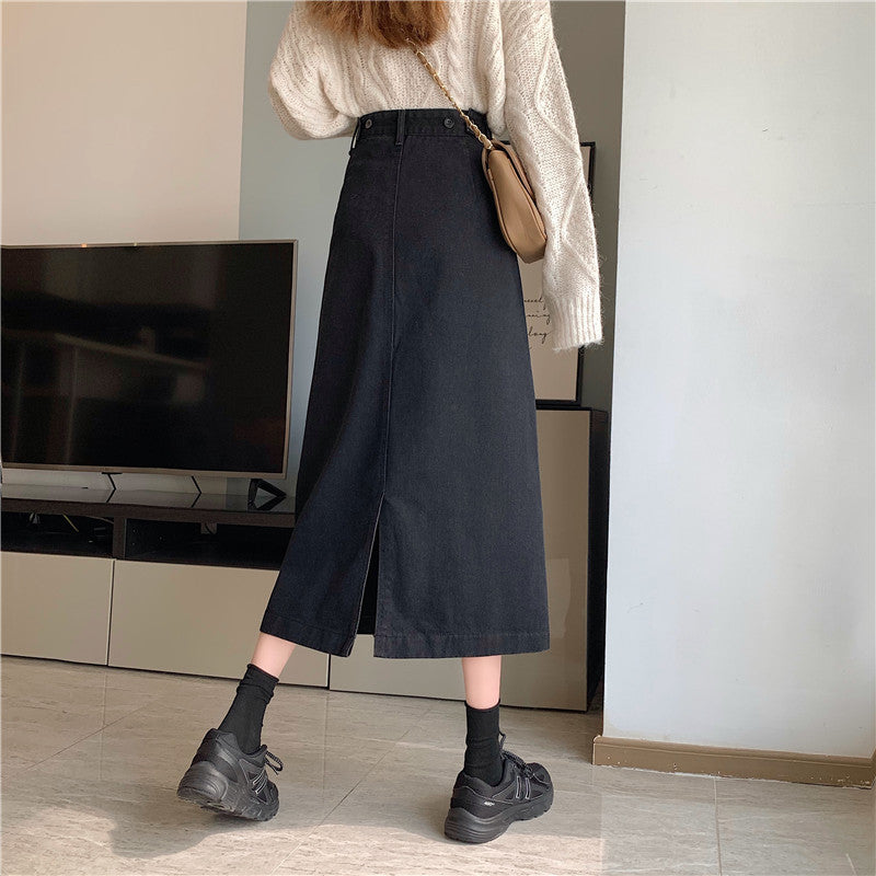 Jupe midi en denim pour femmes avec taille haute Chic & Stil
