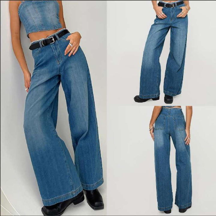 Women's wide denim jeans with high waistband and fringed hem Lune London