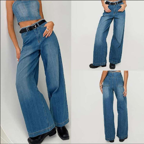 Women's wide denim jeans with high waistband and fringed hem Lune London