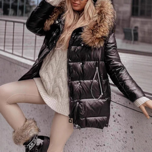 Ladies Long Down Jacket with Removable Faux Fur Collar Lune London