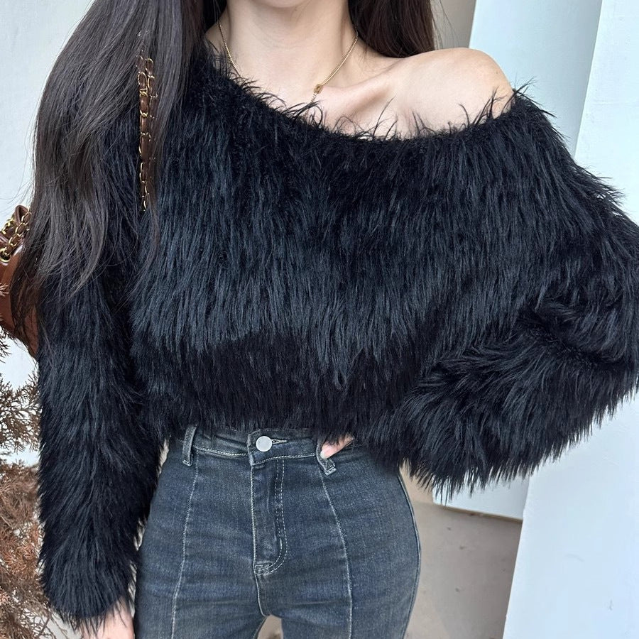 Cropped women's sweater with fluffy texture and off-the-shoulder design Lune London