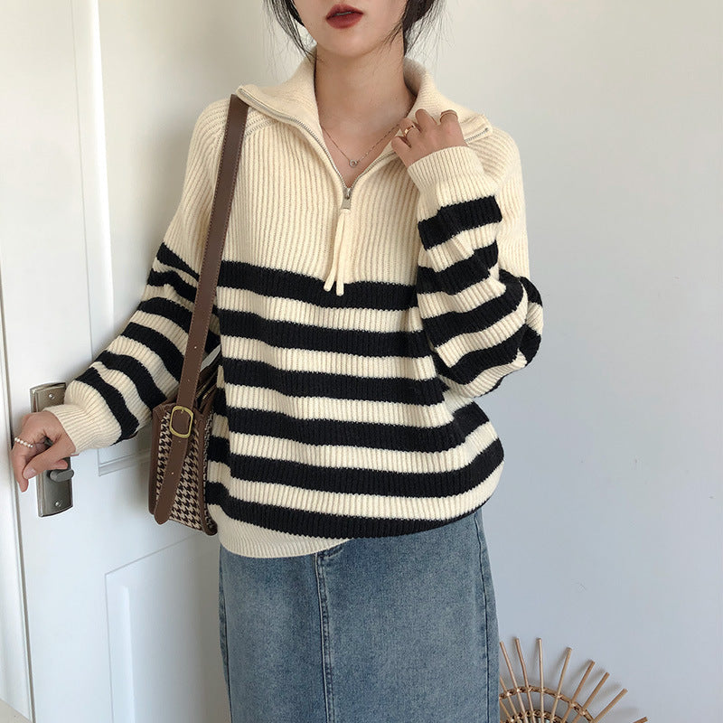 Women's striped sweater with mid-length zip and casual fit Lune London