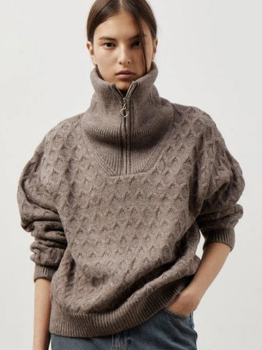 Women Knitted Patterned Sweater with High Collar and Half-Zip Lune London