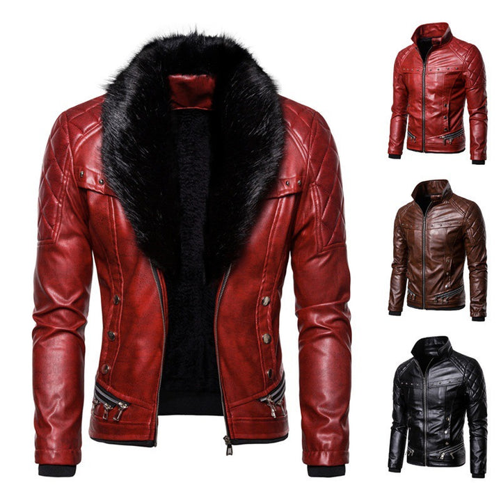 Men's synthetic leather jacket with removable fur collar and speckled surface structure Lune London