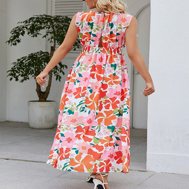 Maxi dress for women with floral design and elastic belt Lune London