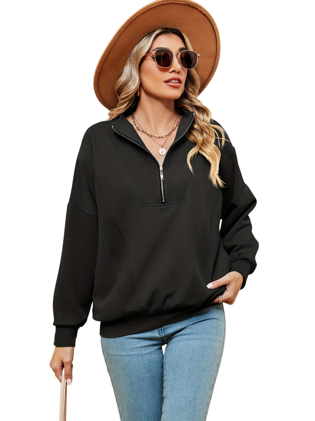 Women’s sweatshirt with half-zip and decorative seams Lune London