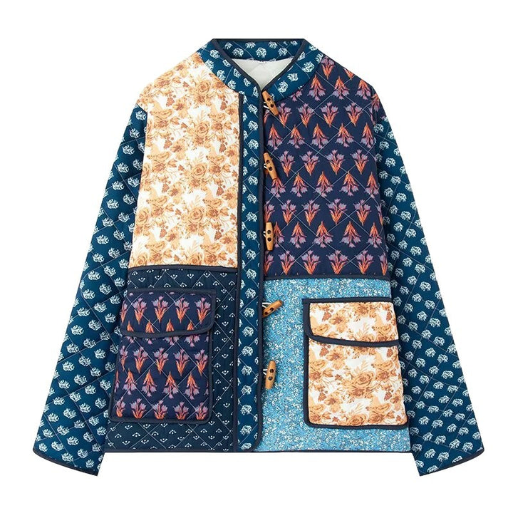 Ladies patchwork quilted jacket with elaborate patterns and practical pockets Lune London