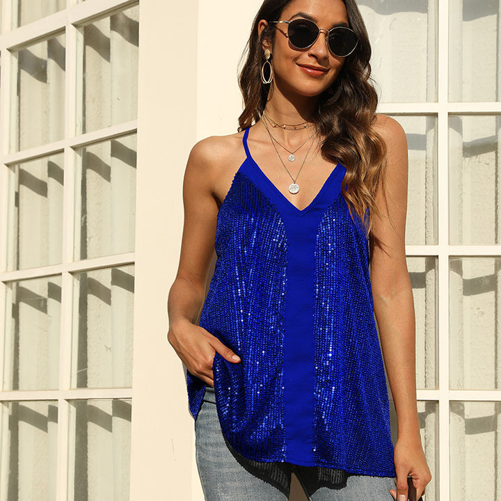 Sparkling sequined blouse for women with V neck Lune London