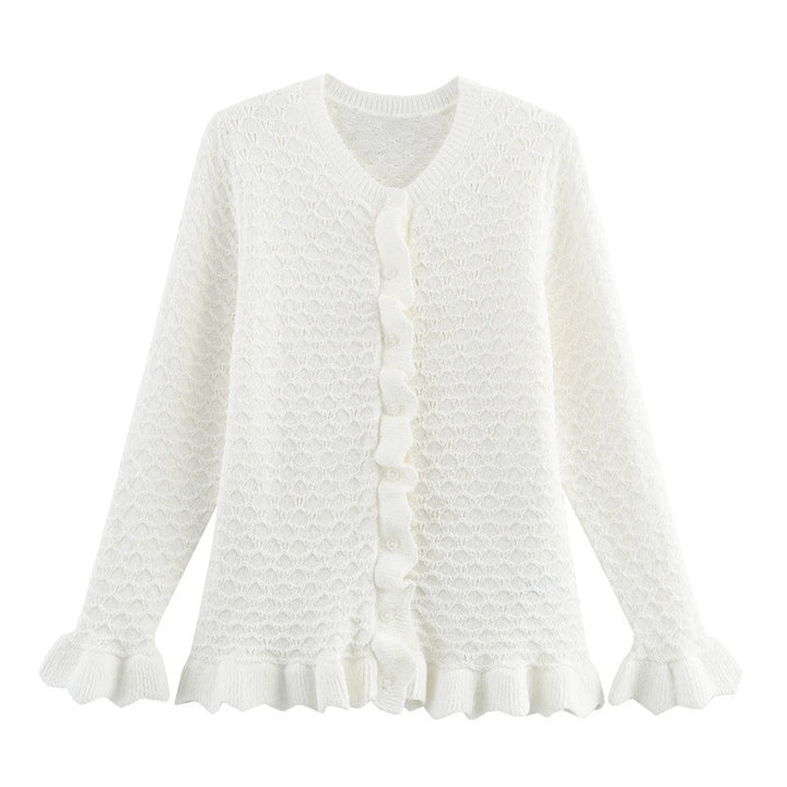 Knitted jacket for women with ruffle details and buttonhole Lune London