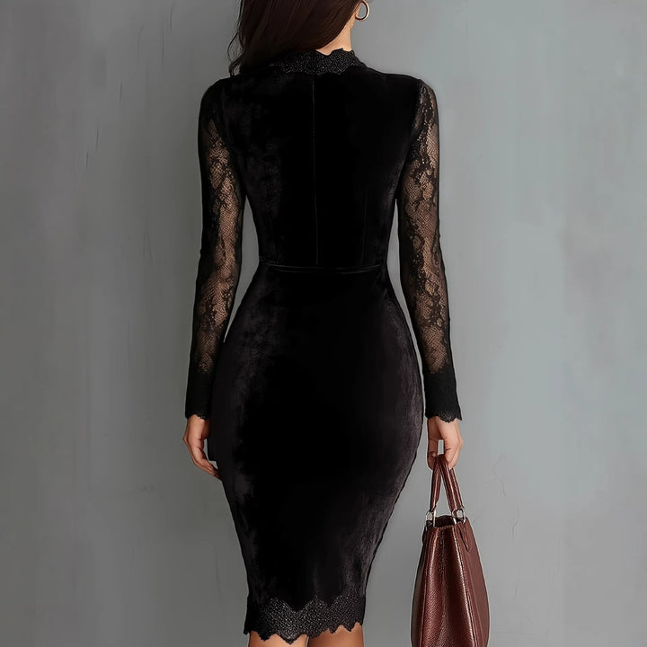 Ladies Elegant Velvet Dress with Lace Inserts and Tailored Cut Lune London