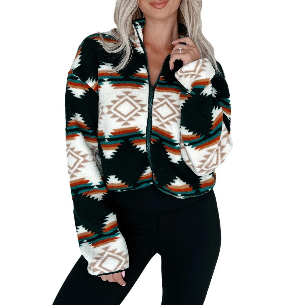 Women short sleeve fleece jacket with trendy ethnic design Lune London