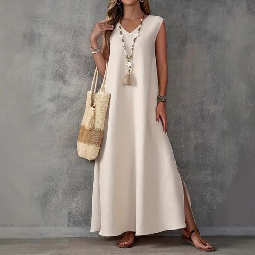 Maxi dress for women with an elegant V neckline and side slits Lune London