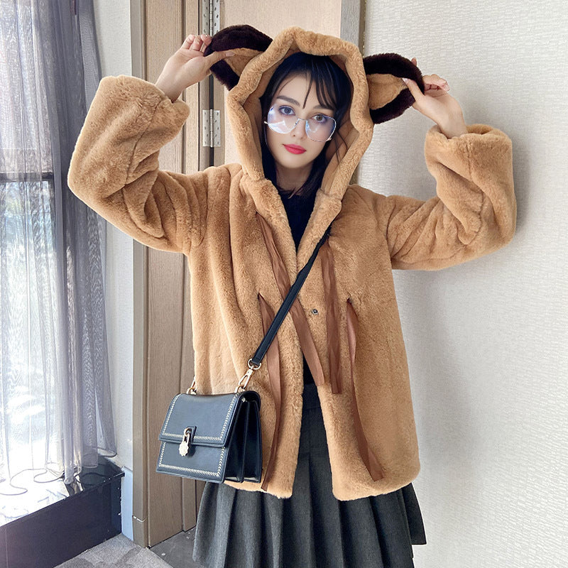 Ladies Cozy Faux Fur Jacket with Hood and Bow Details Lune London
