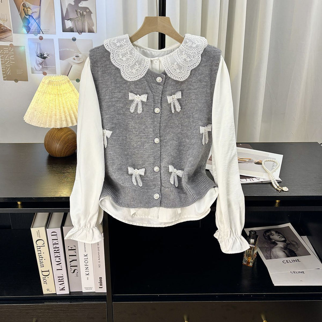 Ladies playful knit cardigan with rolled collar and decorative bows Lune London
