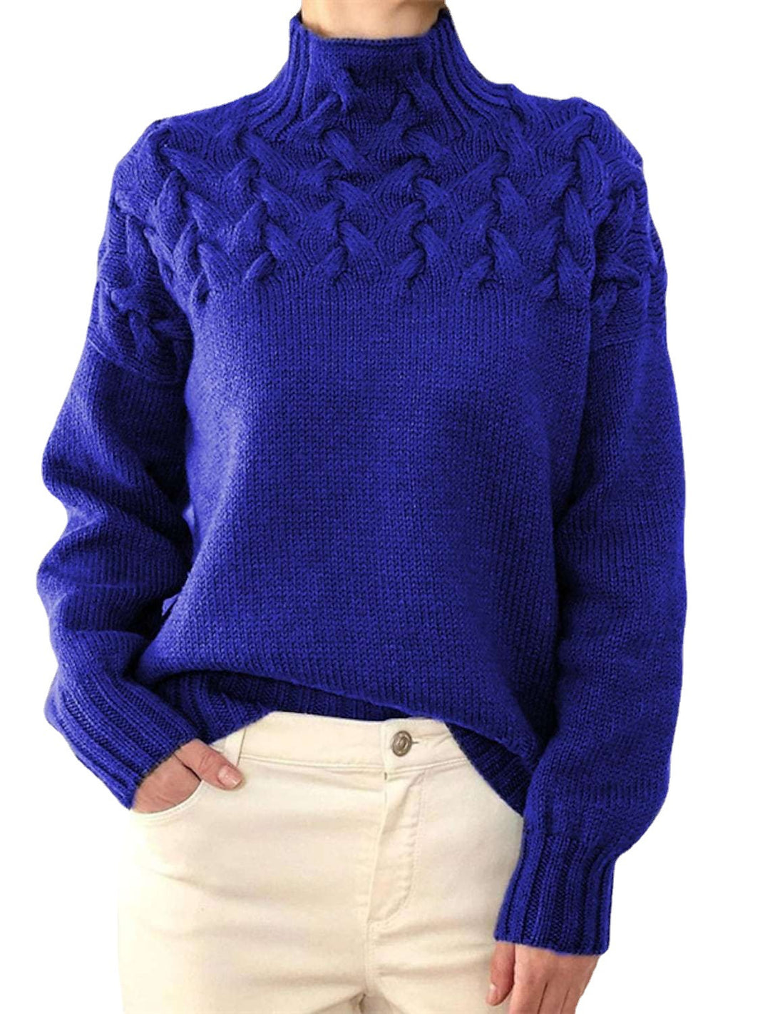 High neck sweater for women with decorative cable knit pattern Lune London