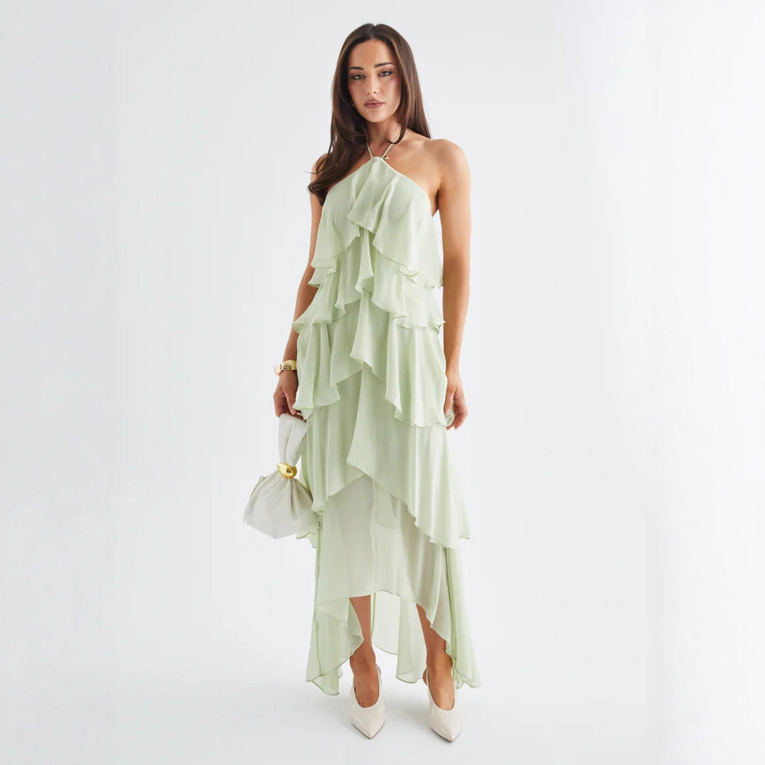 Chic & Stil Women's Airy Maxi Dress with Flowing Ruffles and Chic Halter Neck