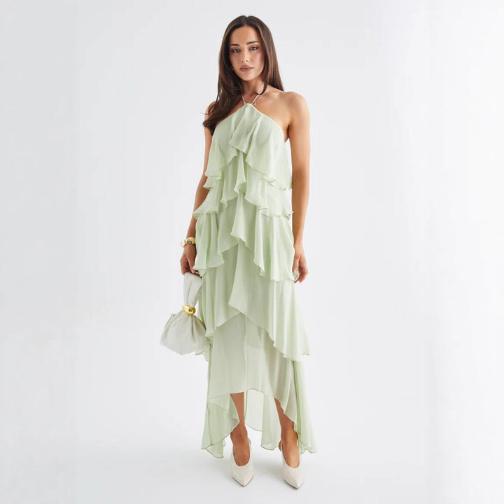 Chic & Stil Women's Airy Maxi Dress with Flowing Ruffles and Chic Halter Neck
