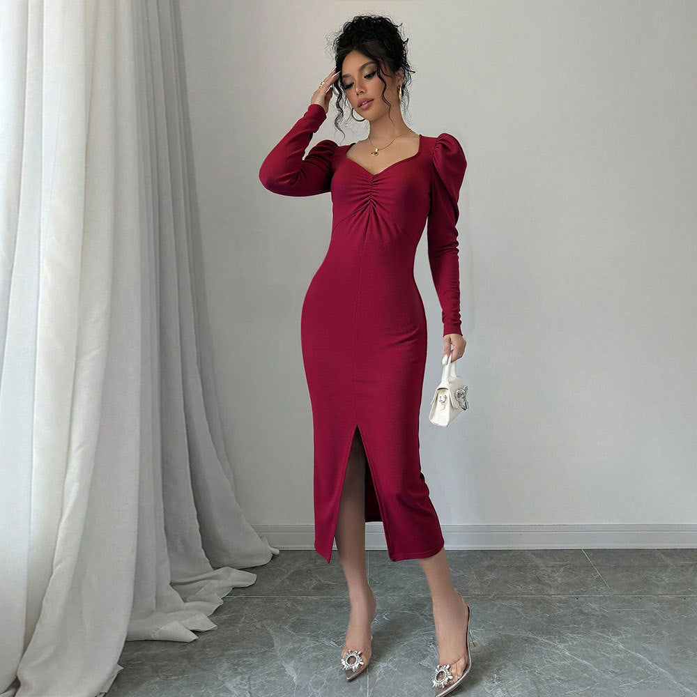 Robe midi femme avec manches bouffantes et fente sophistiquée Chic & Stil