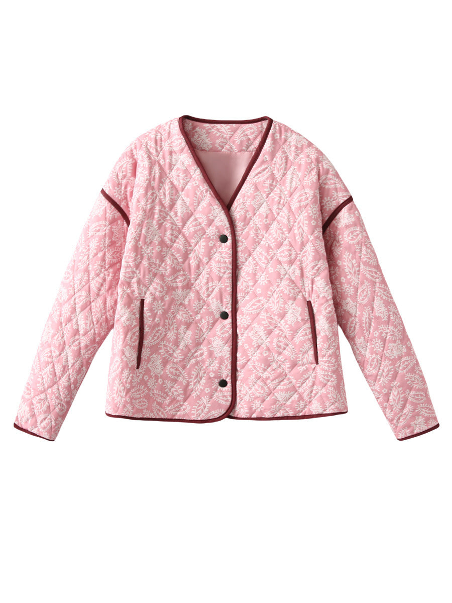 Quilted fall jacket for women with a unique floral pattern and practical pockets Lune London