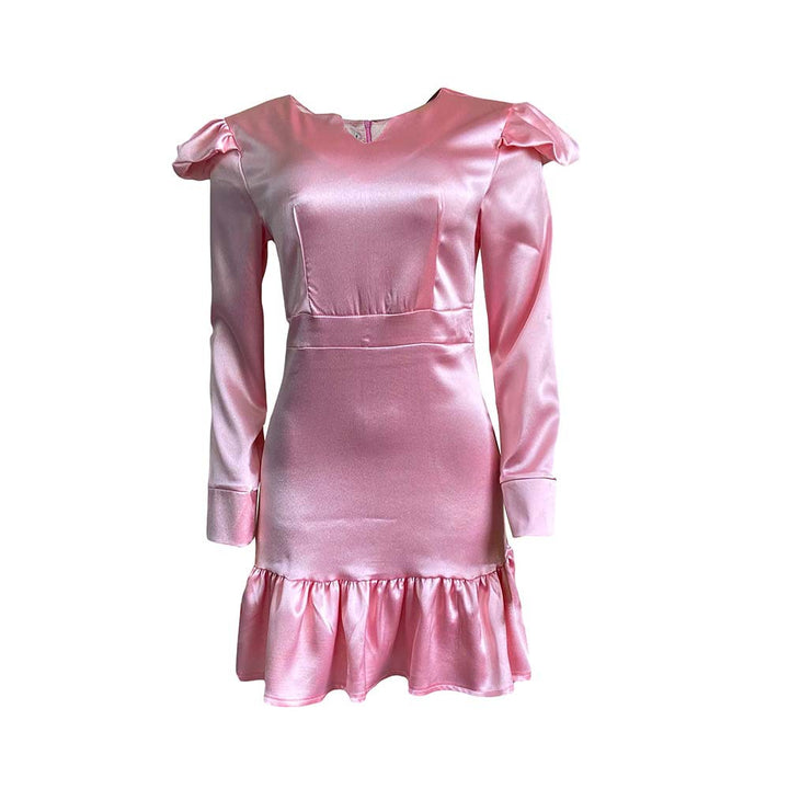 Shiny mini dress for women with puff sleeves and ruffled hem Lune London