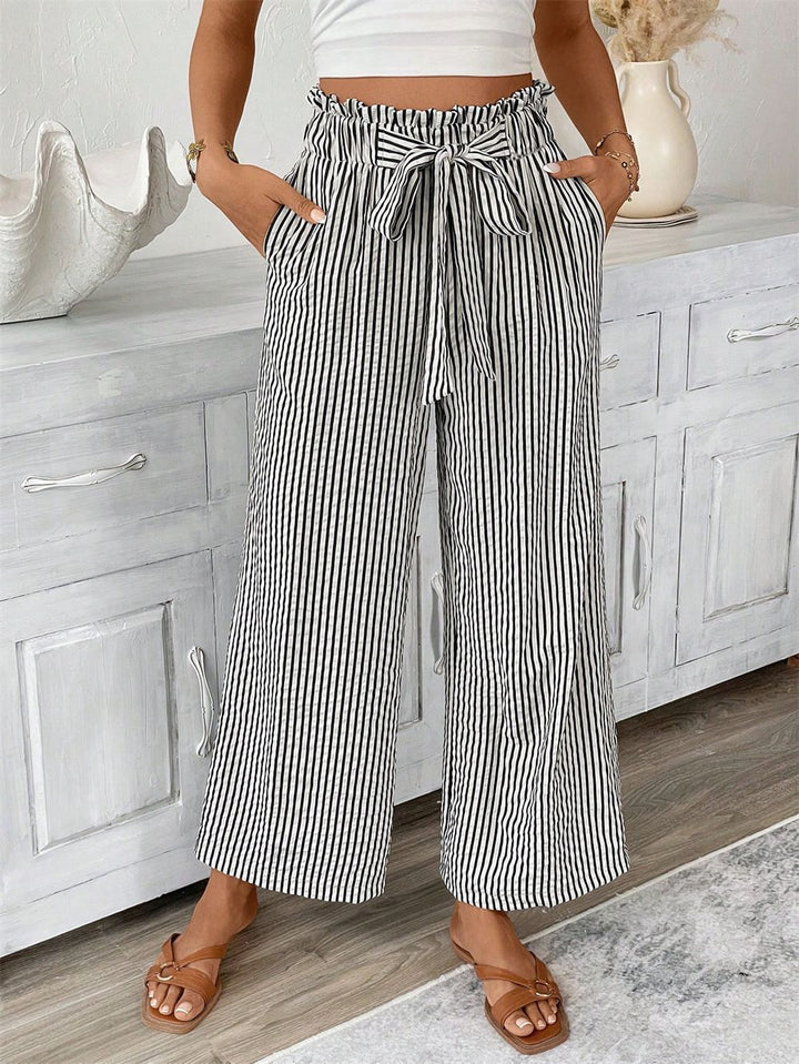 Wide striped leisure trousers for women with a tie belt Lune London