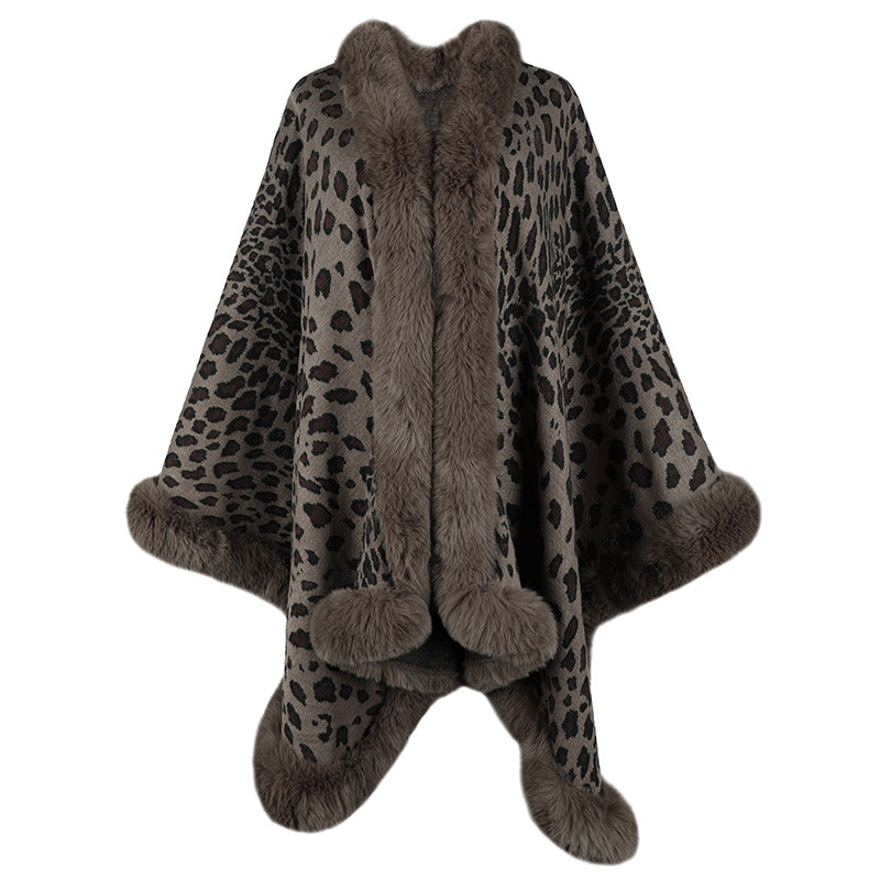 Women's Cozy Poncho with Luxurious Faux Fur Trim and Leopard Print Lune London