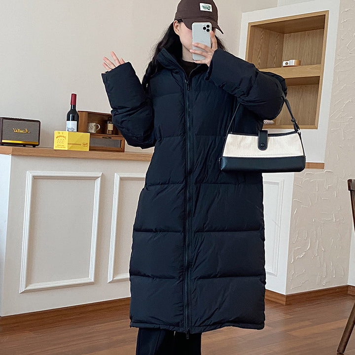 Ladies Long Down Jacket with Hood and Voluminous Chic Cut