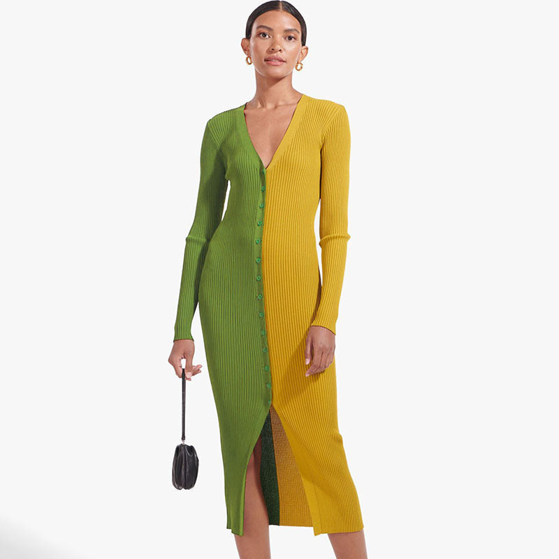 Maxi dresses with button design for women with deep V-neck and ribbed texture Lune London