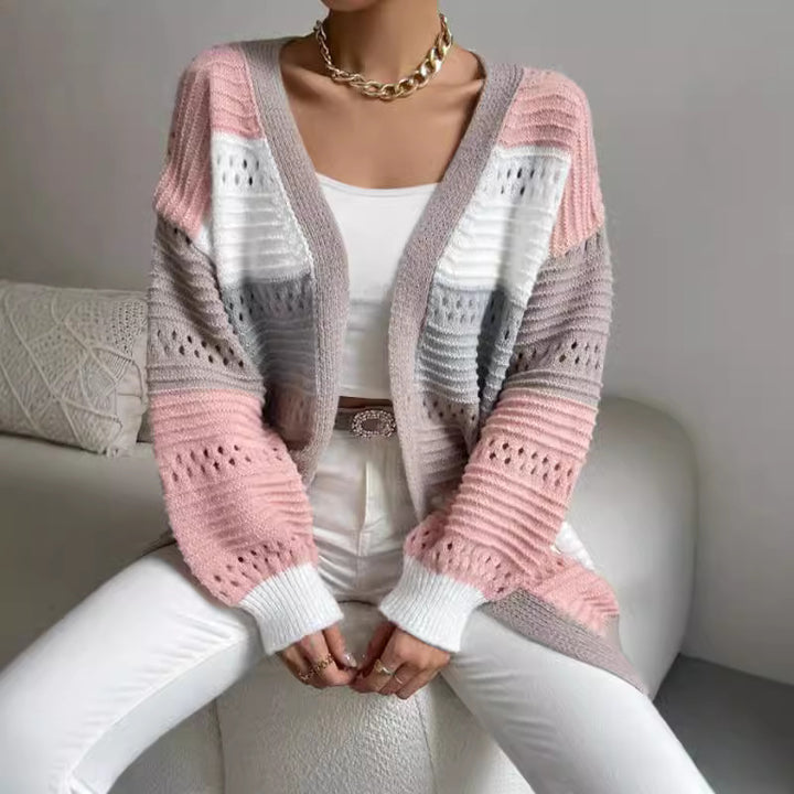 Ladies Casual Knit Cardigan with Modern Airy Patterns and Color Block Stripes Lune London