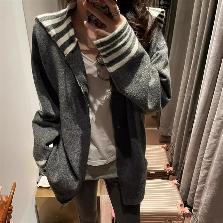 Cardigan décontracté à la mode pour femmes avec des poignets de manches rayés Chic & Stil