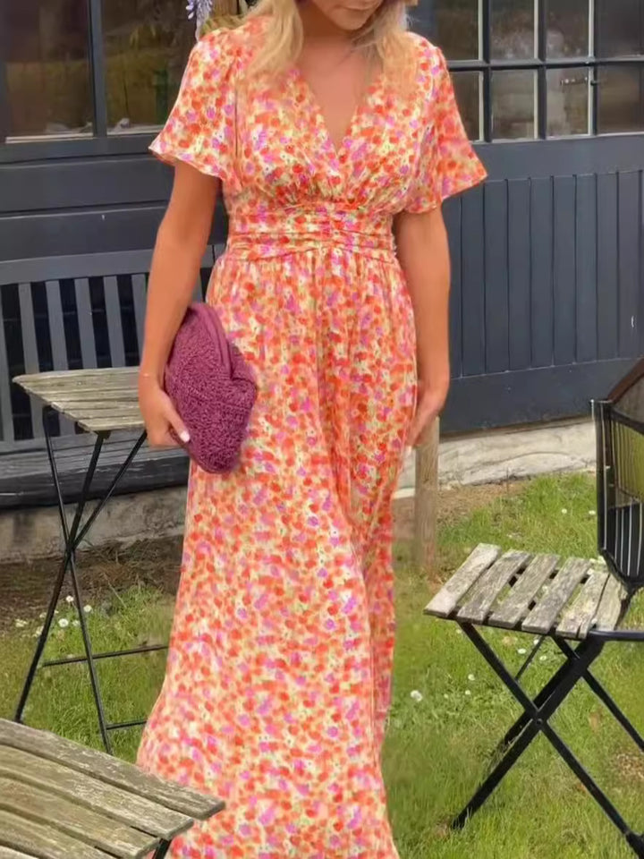 Maxi dress for women with floral gathers and V-neck Lune London