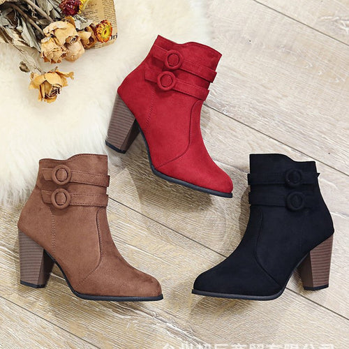 Elegant ankle boots for women with trendy button decoration and comfortable block heel Lune London